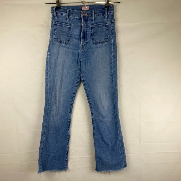 MOTHER Sz‎ 25 Hustler Ankle Cropped Flare Raw Hem Designer Blue Stretch Jeans - Picture 6 of 9